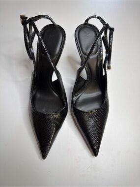Zara Black Pointed Slingback Heels with Textured Finish